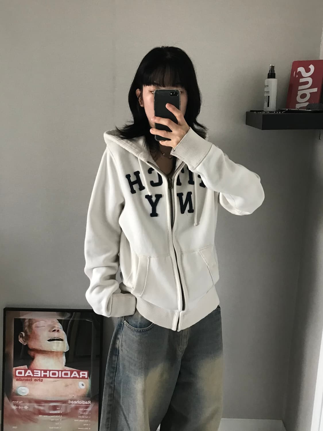 아베크롬비 헤비코튼 자수 로고 화이트 후드집업 상품이미지4