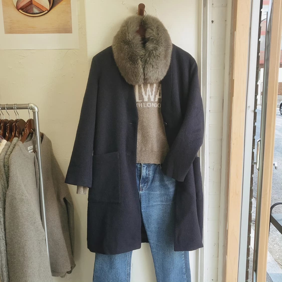 라코스테 딥네이비 노카라 모직코트 상품이미지1