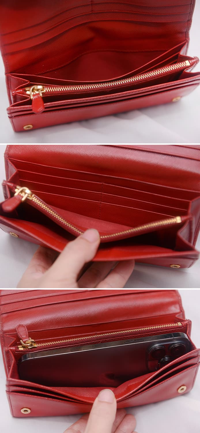 프라다 삼각로고 금장 레드 사피아노 플랩 장지갑 상품이미지8