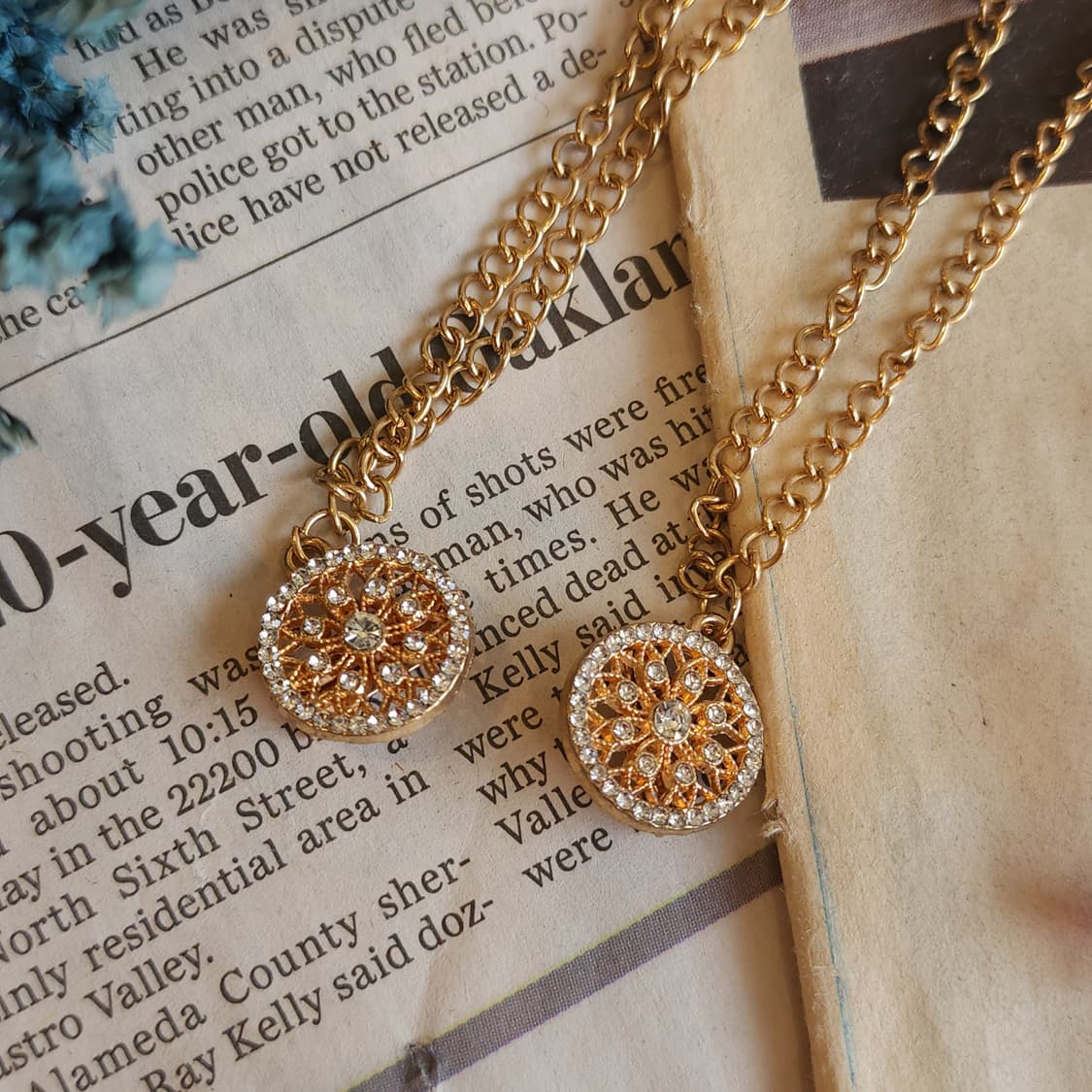 90s 프랑스 빈티지 쥬얼리 썬 플라워 커팅 레이어드 골드 체인 장식 상품이미지4