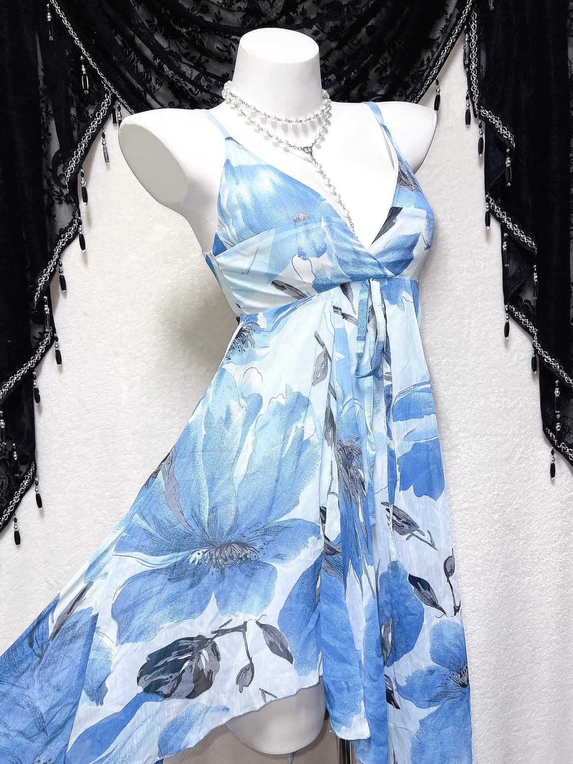 블루 오리엔탈 페어리 플라워 쉬폰 언발 미니원피스 하와이안 갸루 핀터 상품이미지2