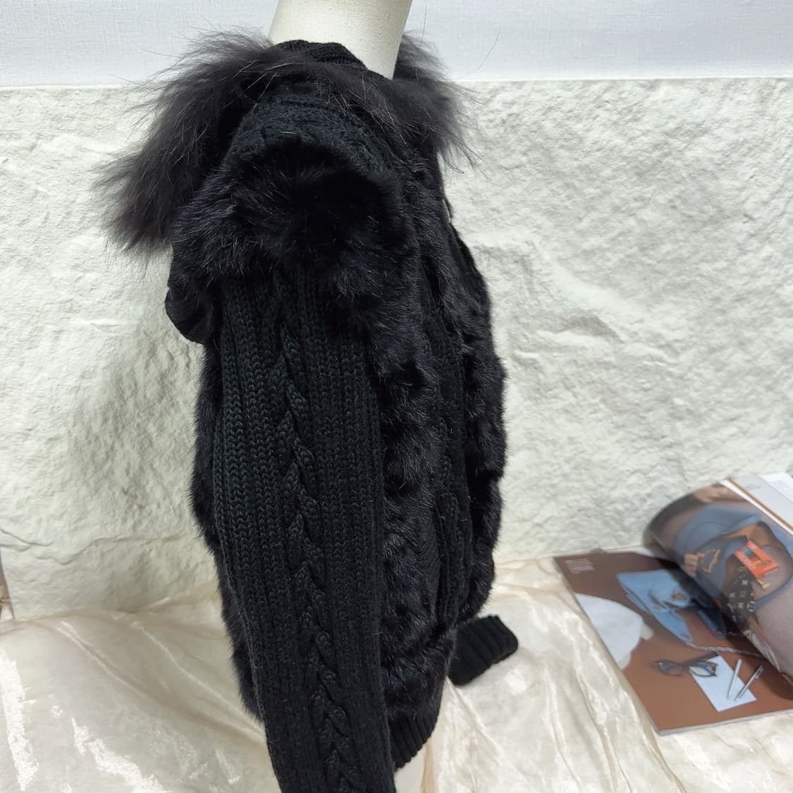빈티지 먹색 여우털 후드 토끼털 꽈배기 니트자켓 후드집업 상품이미지3