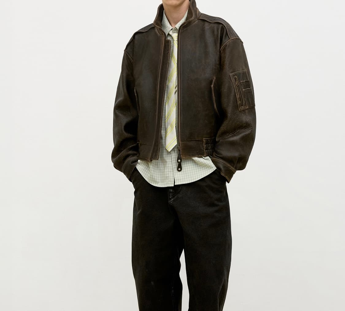 쿠어 빈티지 쉘터 넥 카라 레더 점퍼 (다크브라운) xl 상품이미지2