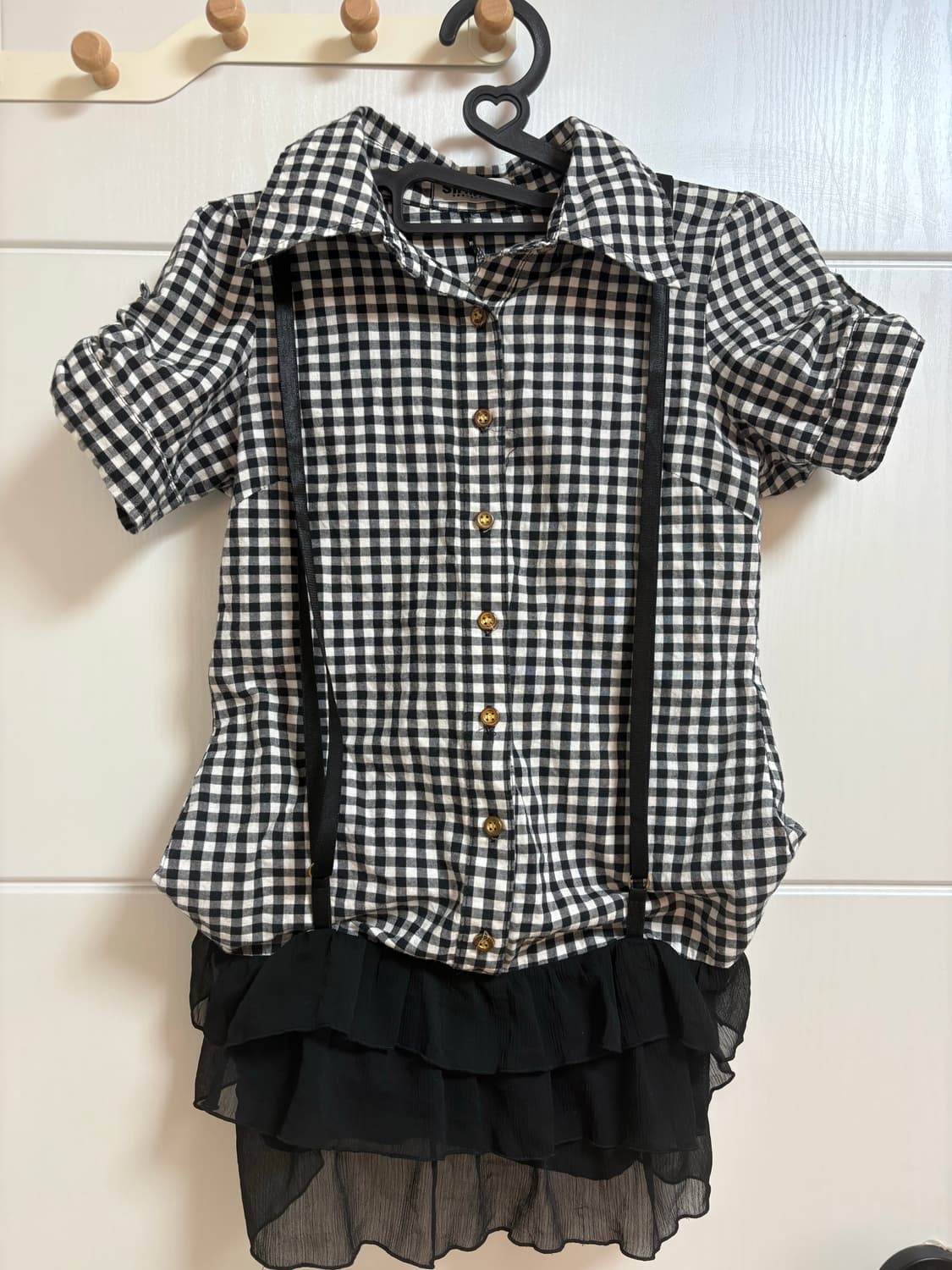 체크 퍼프 소매 프릴 레이어드 반팔 셔츠 상품이미지1