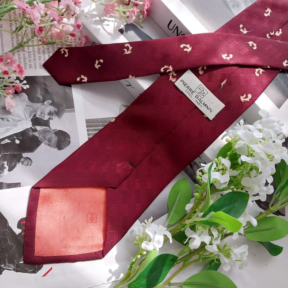피에르 발망 실크 버건디 패턴 넥타이 9.5cm A+등급 K2389 상품이미지4