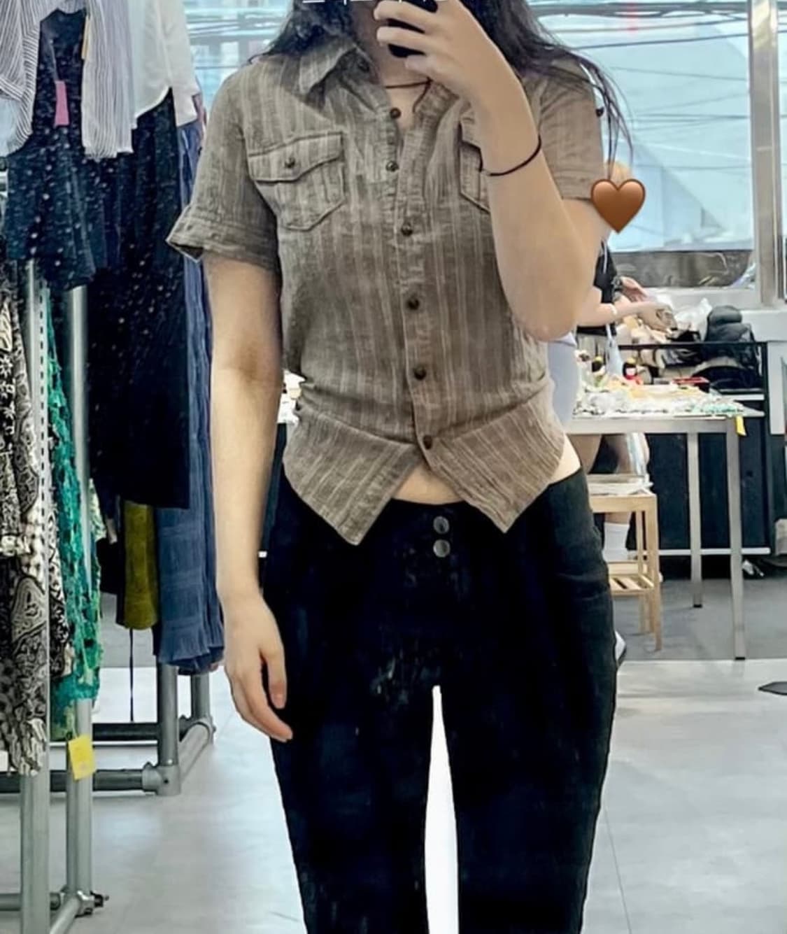 빈티지 카키 반팔 셔츠 사이드 셔링 상품이미지1