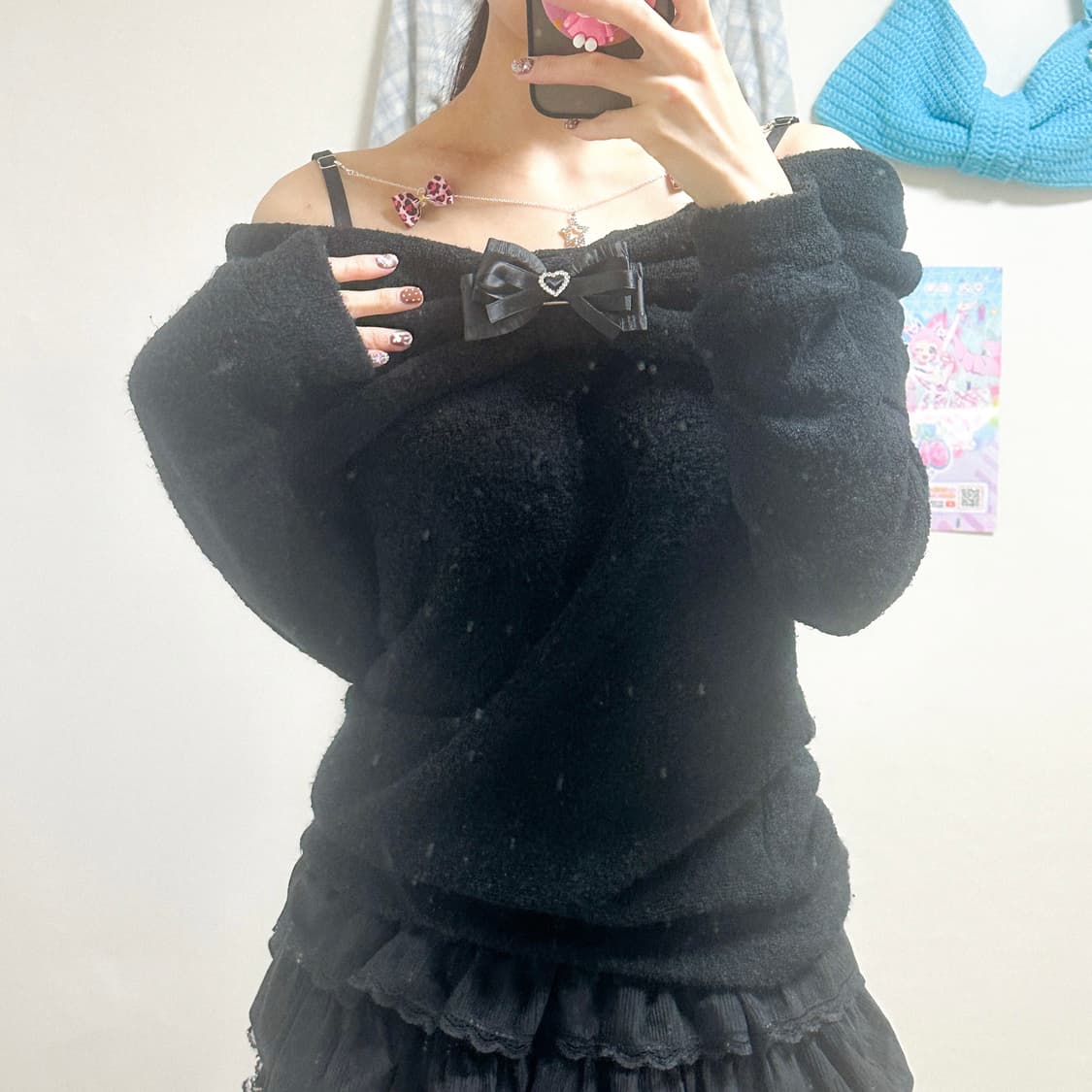 빈티지 블랙 리본 오프숄더 리본 호피 체인 니트 티셔츠 오네갸루 로걀 상품이미지1