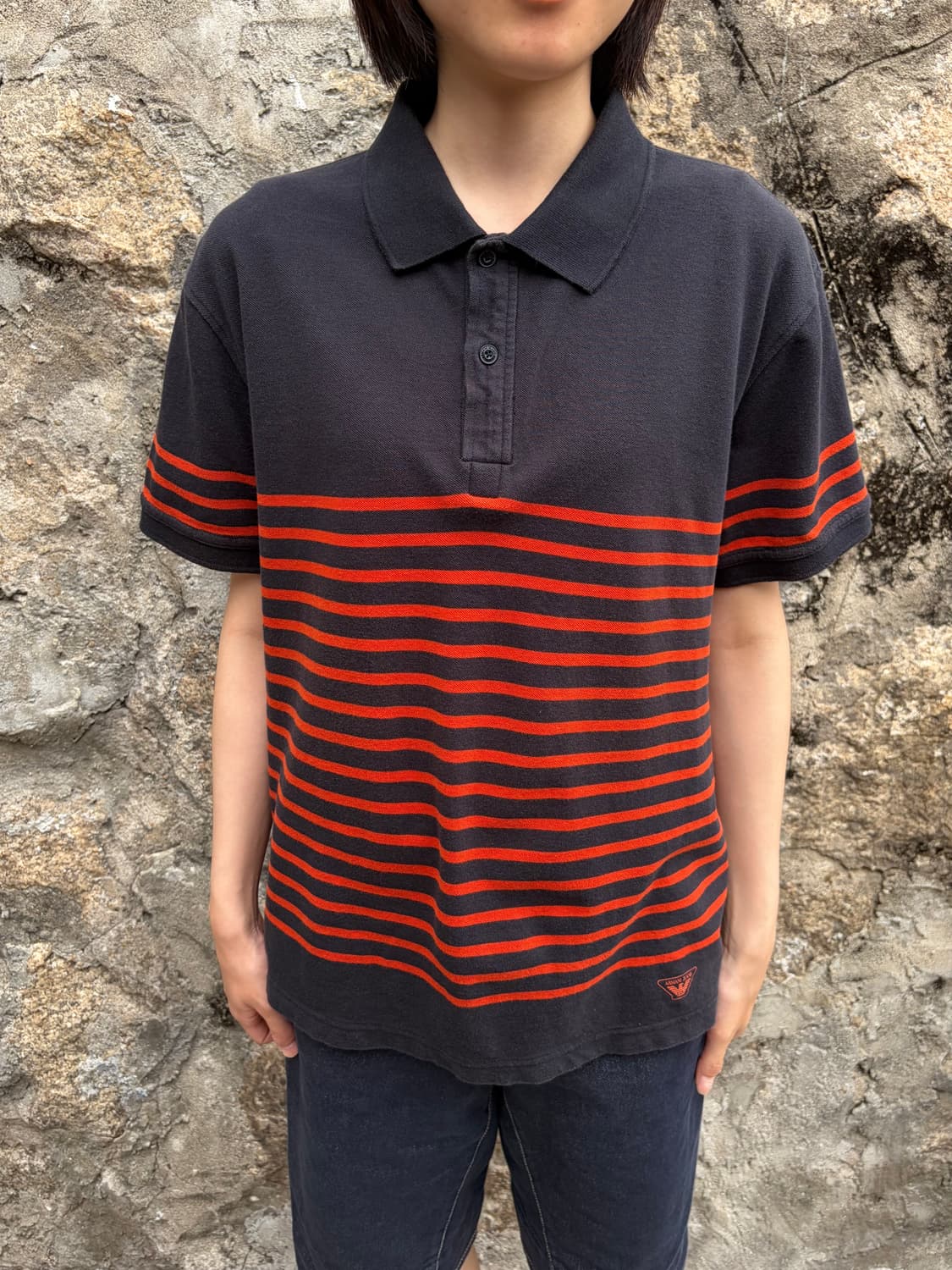 Armani Jeans 오렌지 스트라이프 반팔 카라 티셔츠 XL 상품이미지1