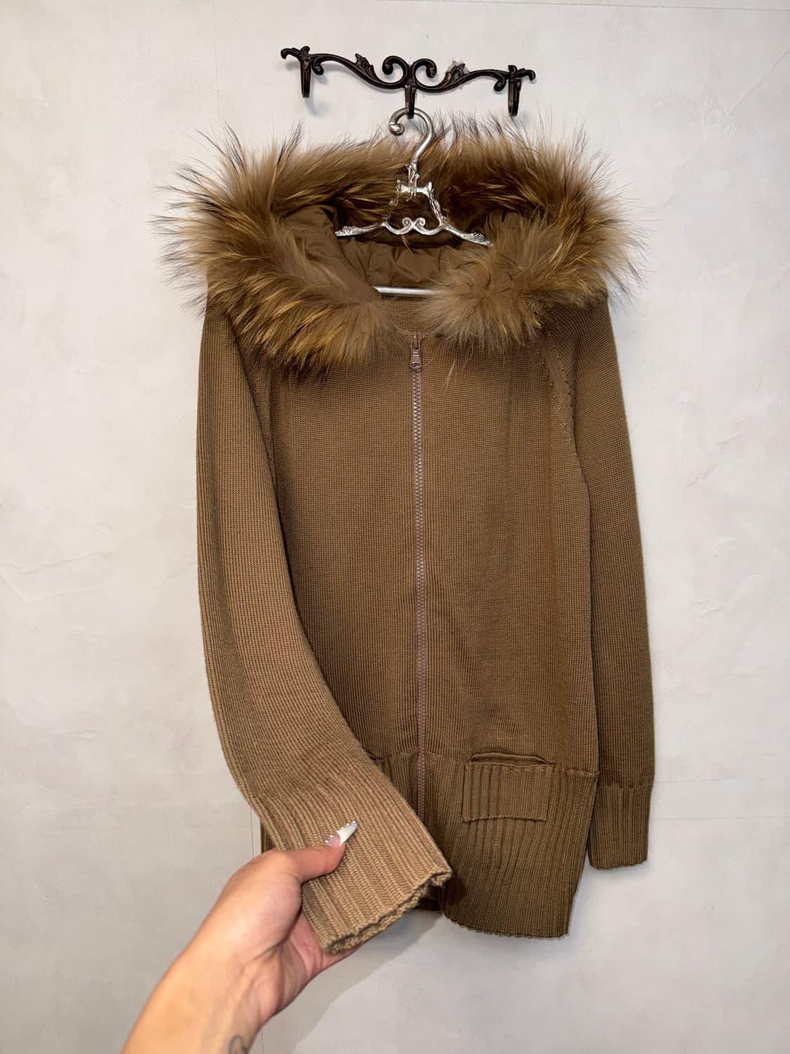 Brown fur hood zipup knit ops 상품이미지5