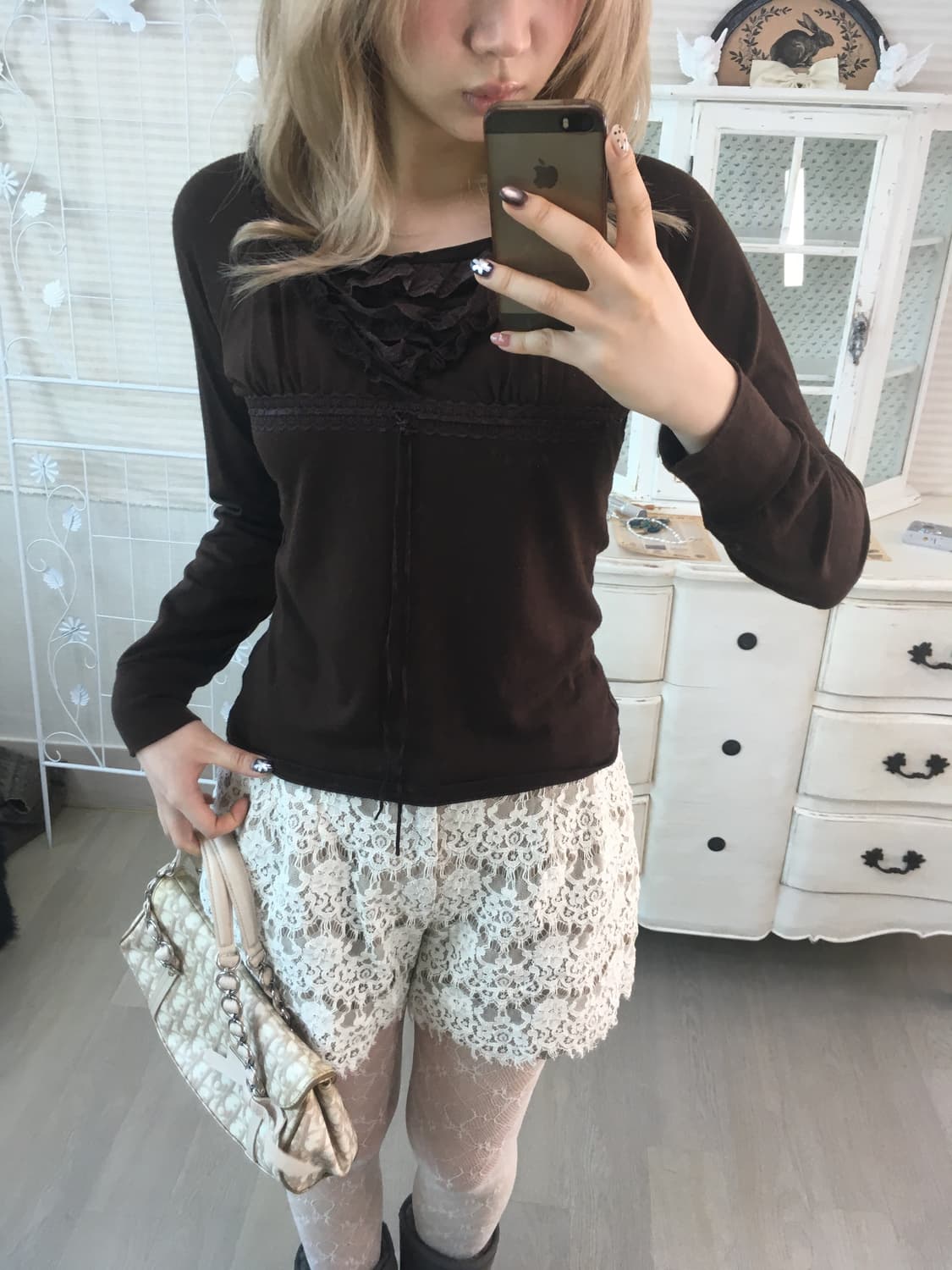 빈티지 레이스 브라운 프릴 롱슬리브 상품이미지2