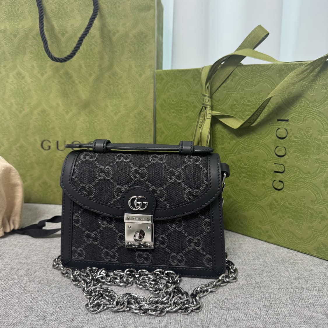 구찌 오피디아 GG 미니 체인 숄더백 블랙 그레이 데님 정품 상품이미지1