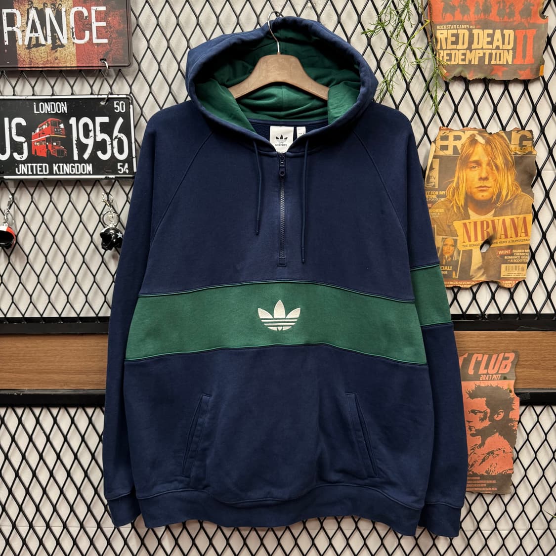 아디다스 하프집업 후드티 전면 클래식 로고 포인트 네이비 그린 상품이미지1
