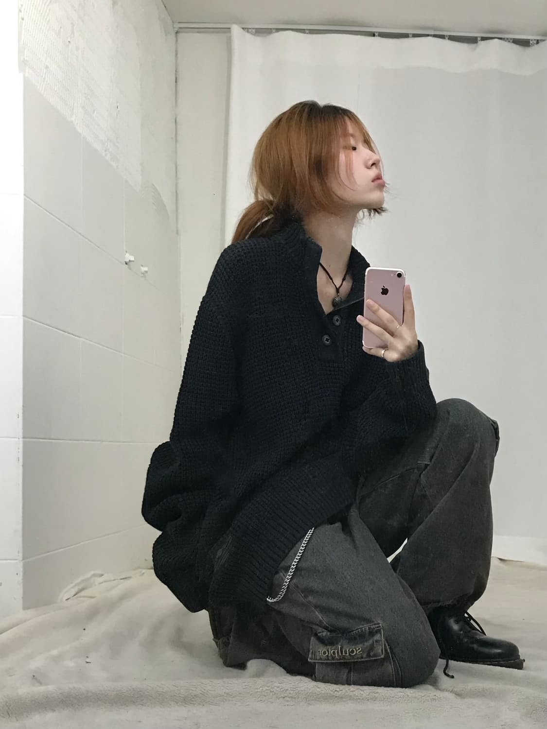 할리데이비슨 블랙 루즈핏 펑크 하프넥 와플 니트 상품이미지1