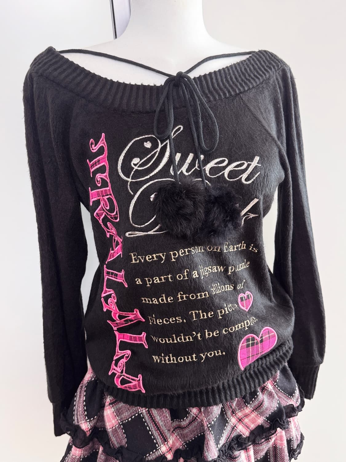 Tralala 트랄랄라 캐캐체깔 핑크체크 블랙폼폼니트 상품이미지2