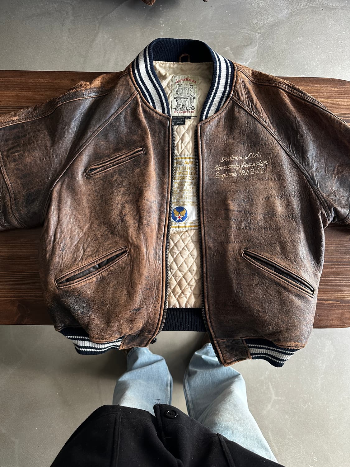90s Avirex 아비렉스 레더 바시티 자켓 브라운 상품이미지4