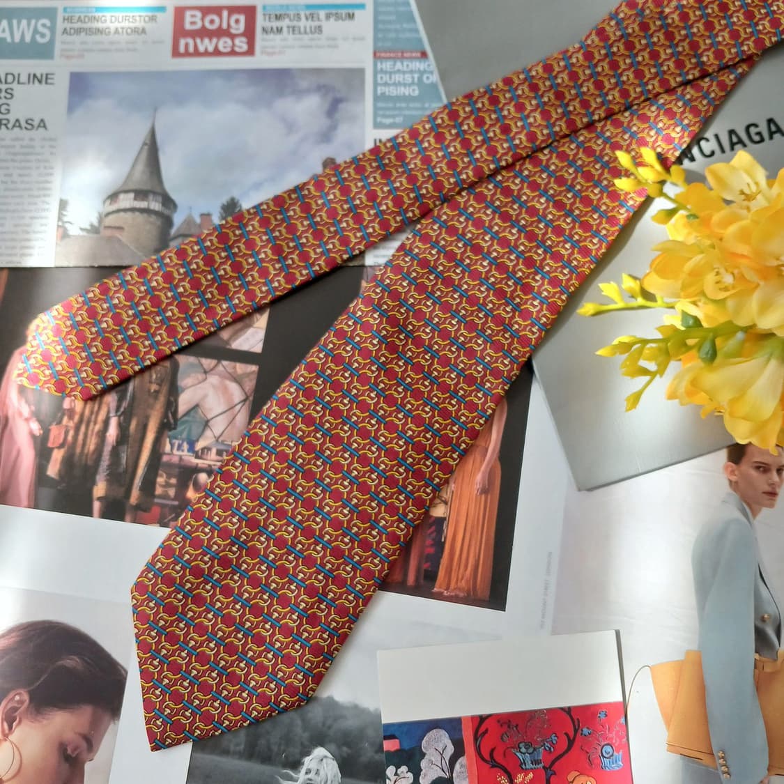 발렌시아가 실크 레드 인터락 패턴 넥타이 8.8cm A+등급 A19041 상품이미지3