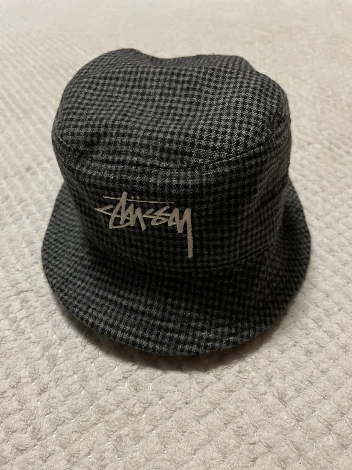 [L/XL] STUSSY 스투시 로고 울 체크 모자 버킷 햇 그레이 상품이미지2