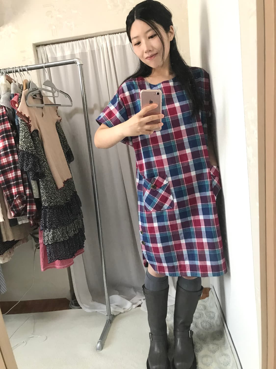 vintage check wood button pocket dress 상품이미지2