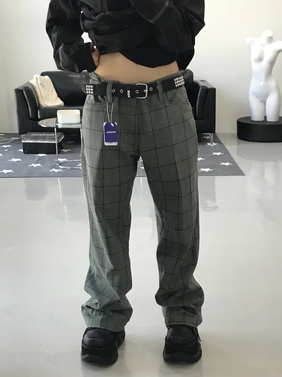 오클리 체크 디테일 해골 자수 포인트 카키 팬츠 상품이미지4