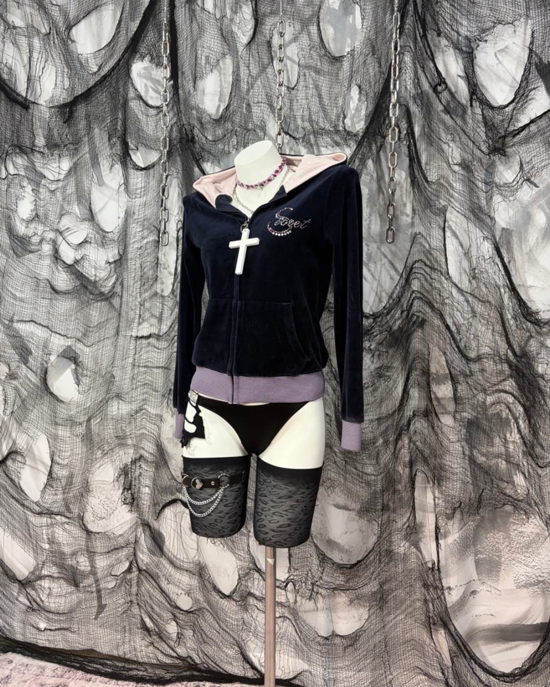 00‘s cubic Detail Velvet Hoodie Zip up 상품이미지4