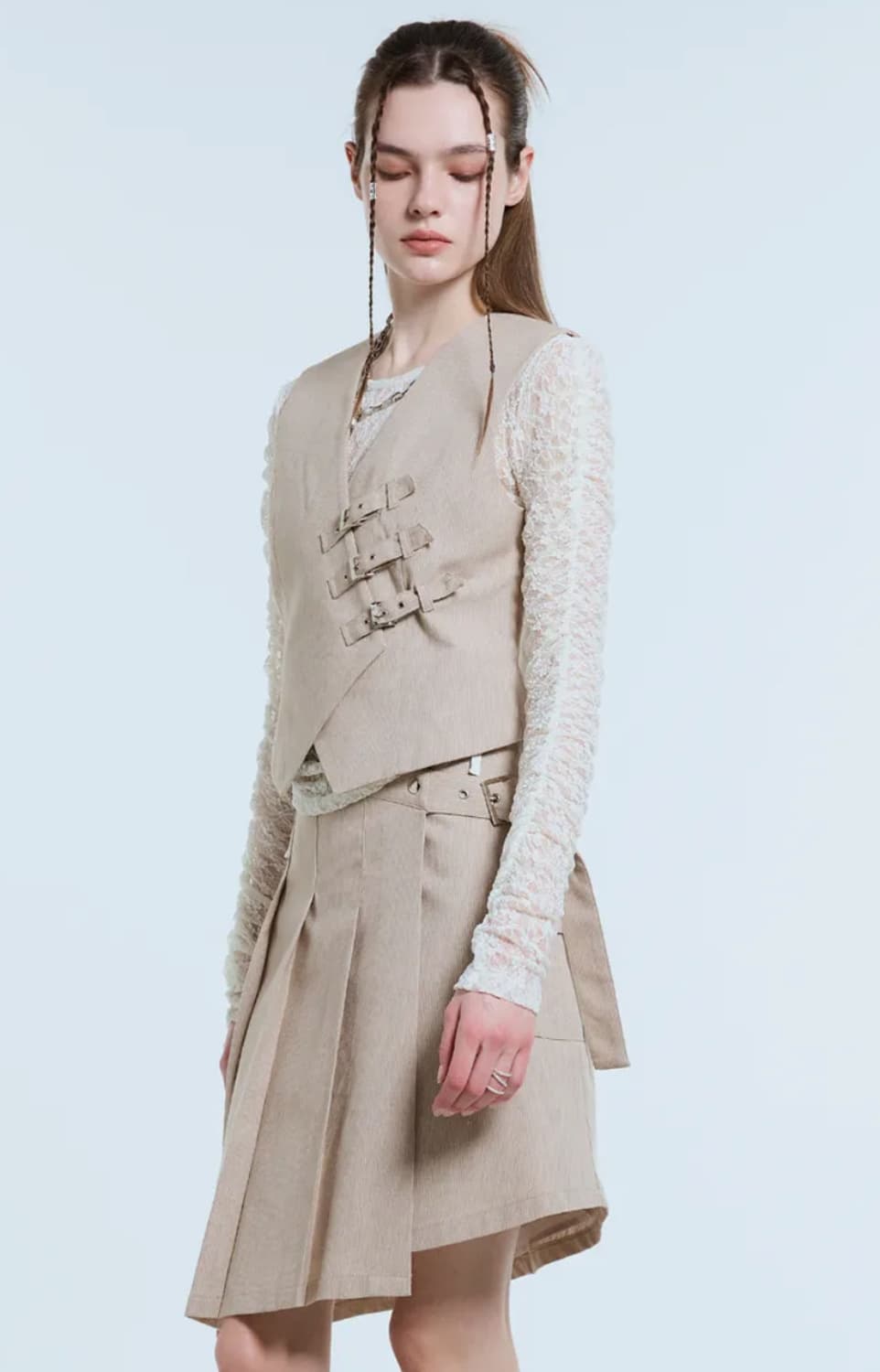 라티젠 버클 플리츠 셋업 베이지 (상 하의 세트) 상품이미지2