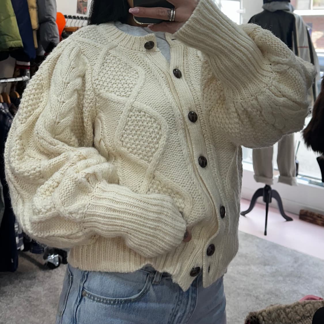 빈티지 아이보리 꽈배기 벌룬 니트 가디건M-L 상품이미지1
