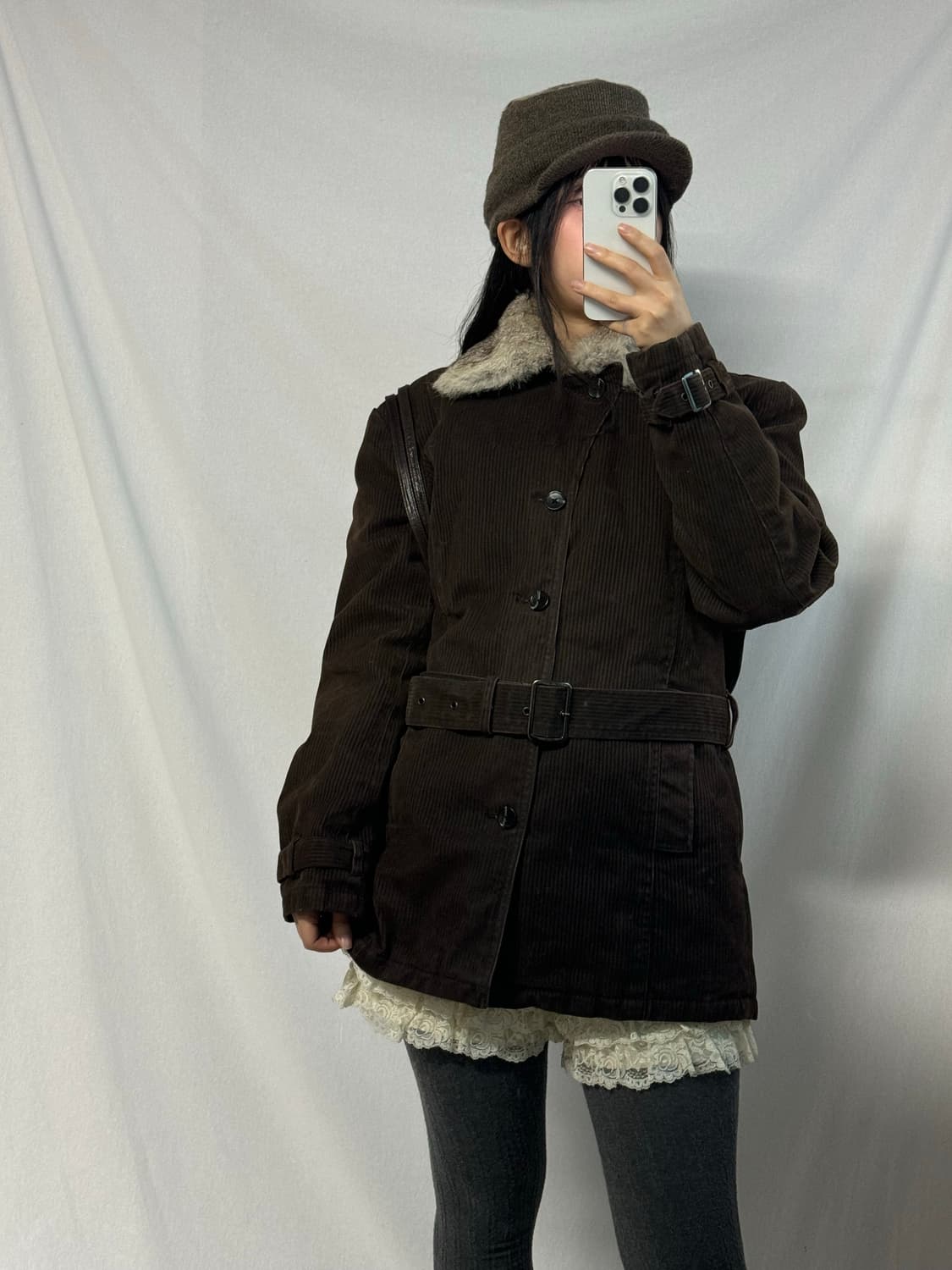 코듀로이 벨티드 퍼 카라 코트 상품이미지6