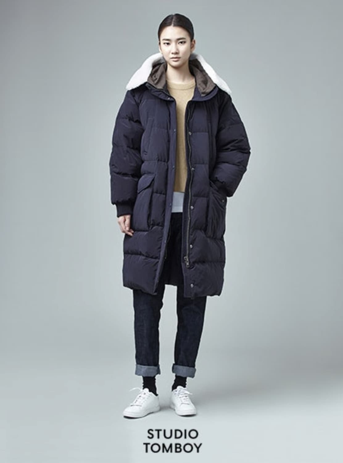 스튜디오톰보이 퍼카라 아웃포켓 롱 다운 점퍼 사이즈 55 상품이미지1