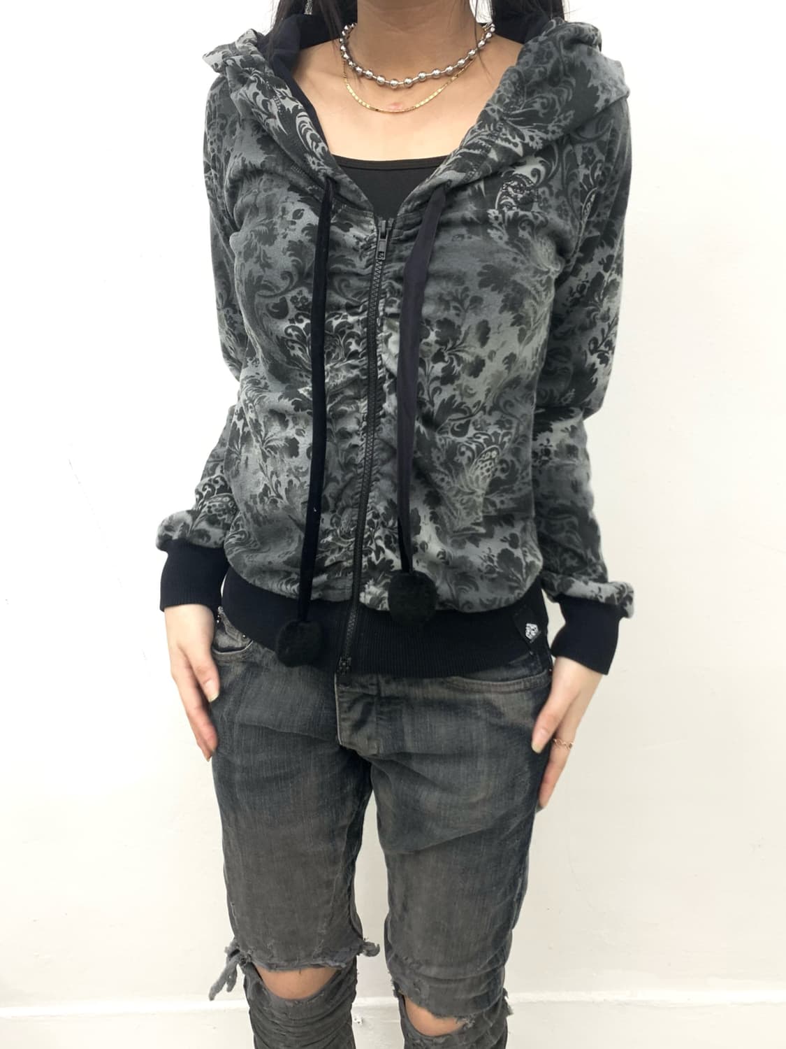 Oriental detail shirring hoodie  상품이미지1