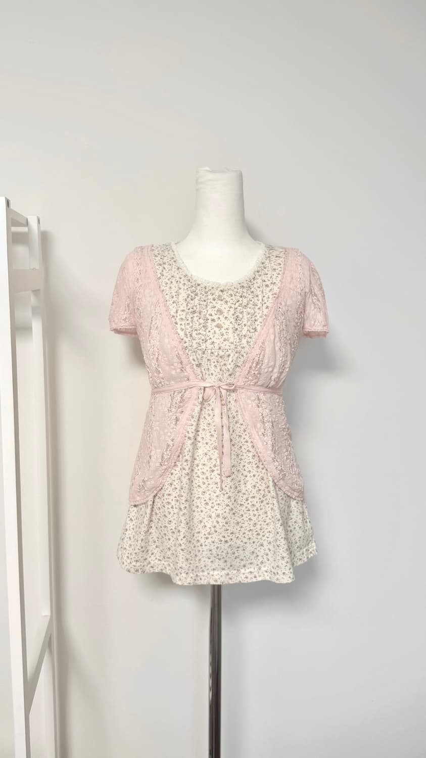 일본빈티지 모리걸 핑크 플라워 레이스 슬리브리스 세트 상품이미지1