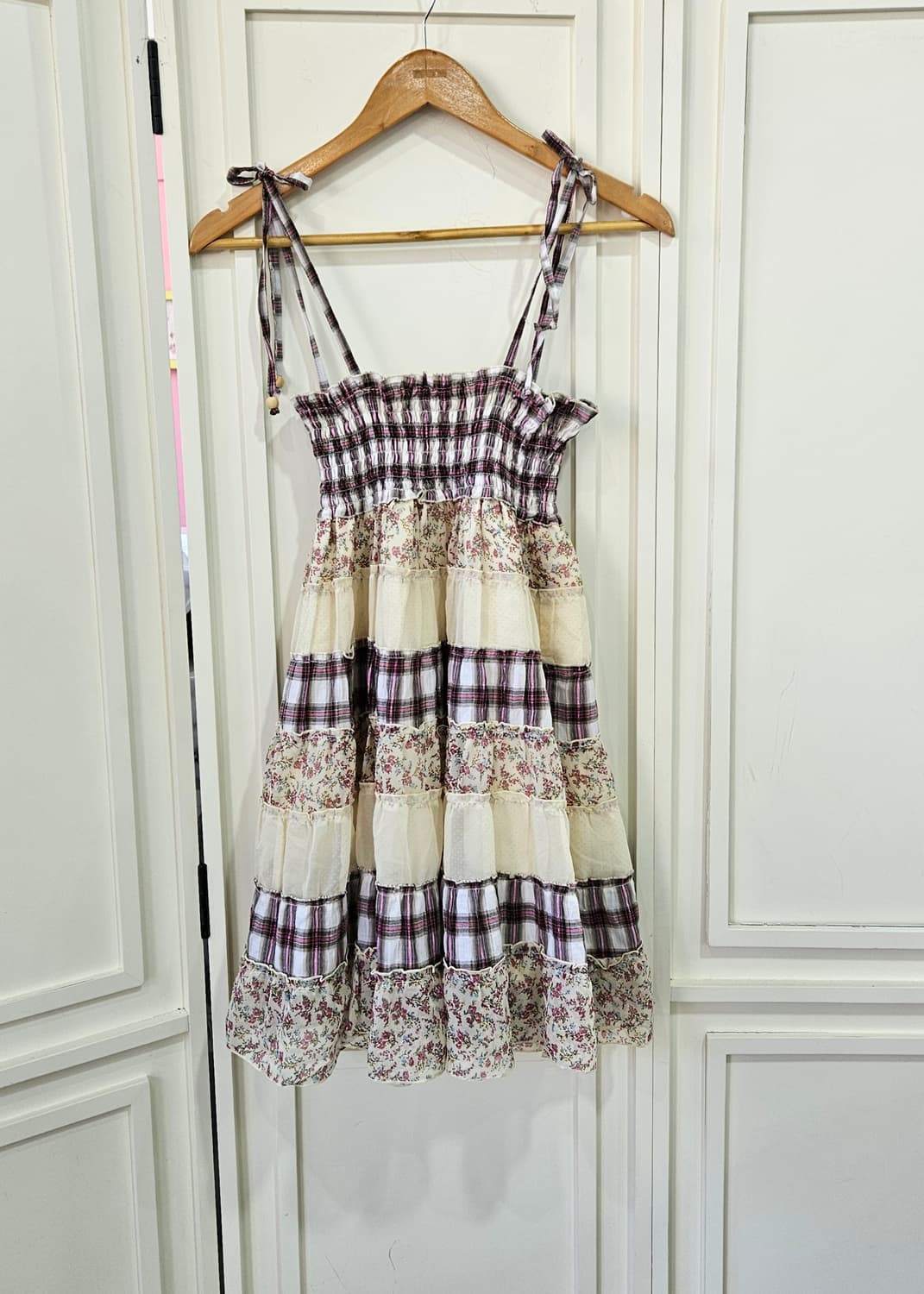 체크 플라워 패치워크 레이어드 원피스 상품이미지1