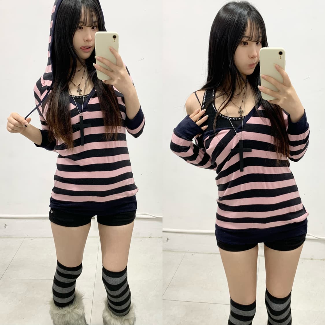 [PLAY] 갸루 핑크 스트라이프 후드 상품이미지1