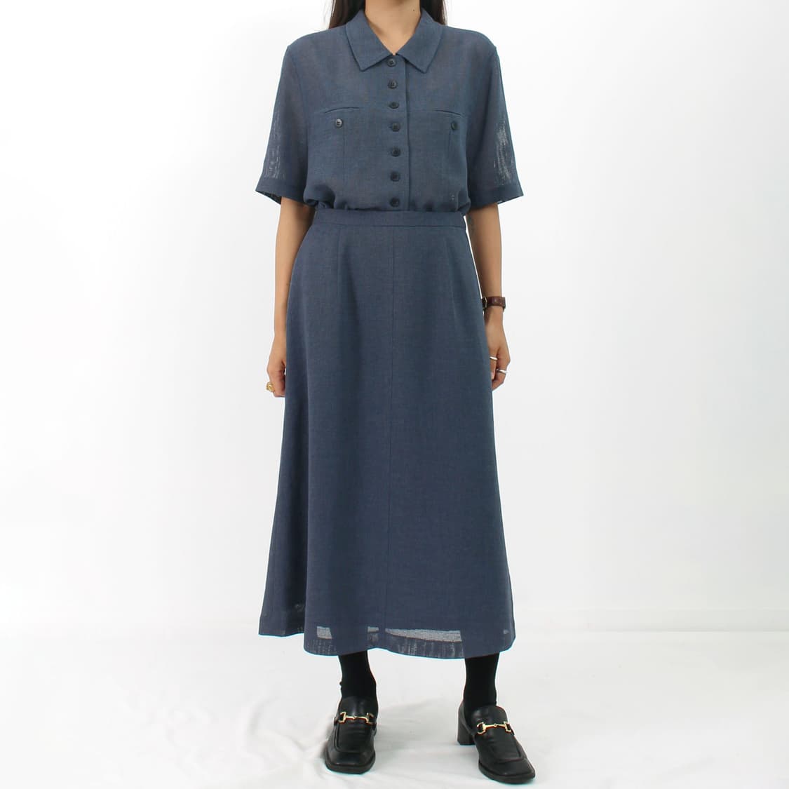 일본 빈티지 네이비 블루 여름 드레스 블라우스 스커트 셋업 투피스 상품이미지1