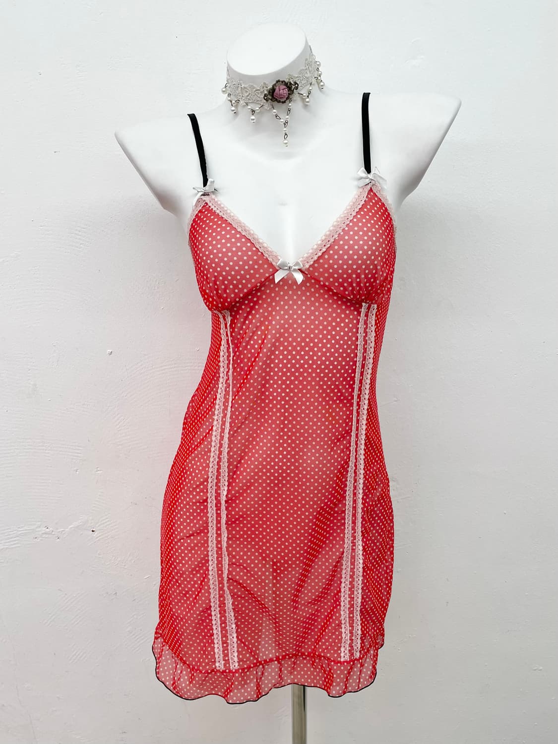 갸루 레드 도트 키치 슬립 상품이미지1