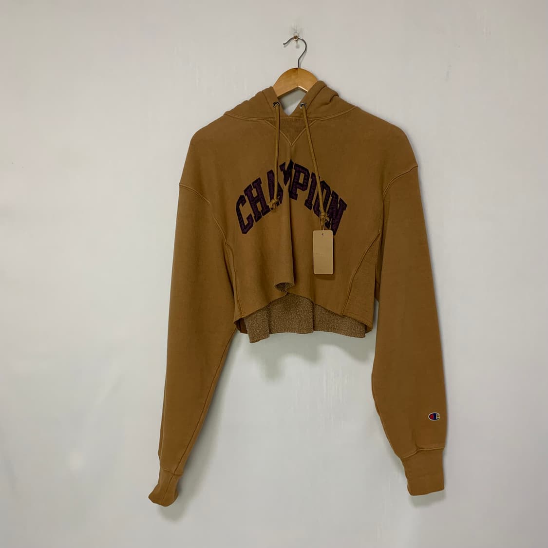 챔피온 레이어드 크롭 후드티 카멜 루즈핏 S 상품이미지1