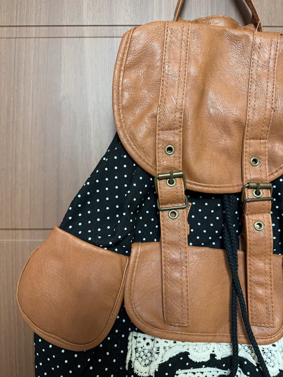 일본 빈티지 모리걸 블랙 도트 레이스 쓰리포켓 백팩 모리 가방 상품이미지2