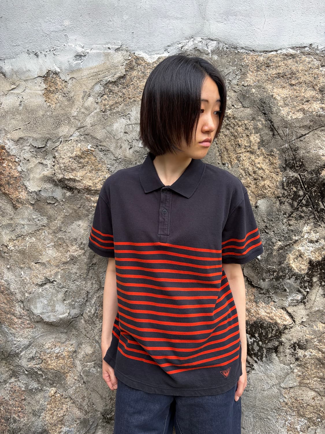 Armani Jeans 오렌지 스트라이프 반팔 카라 티셔츠 XL 상품이미지3