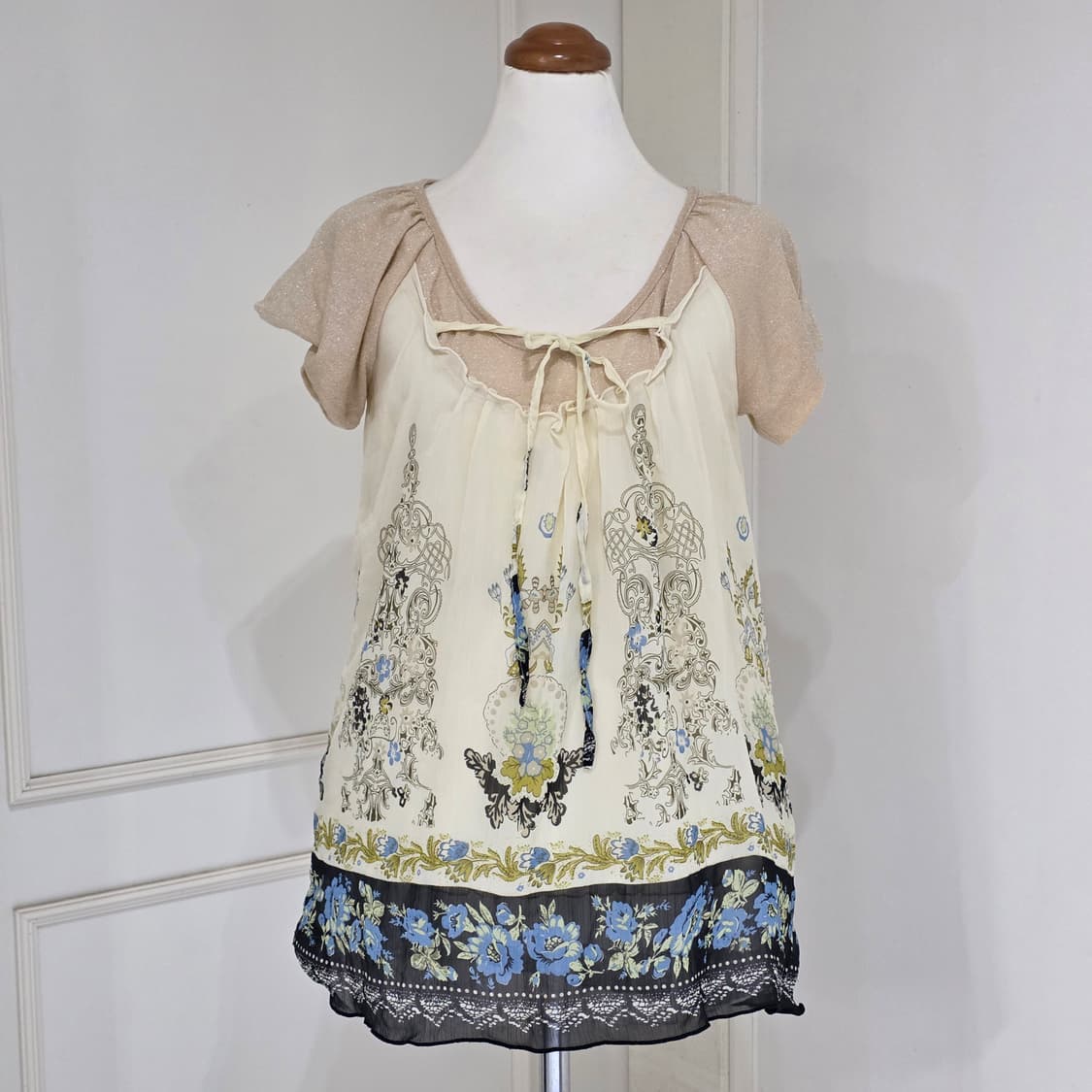 일본빈티지)오리엔탈 레이어드 글리터 쉬폰레이스 플라워 모리걸st 블라우스 상품이미지2