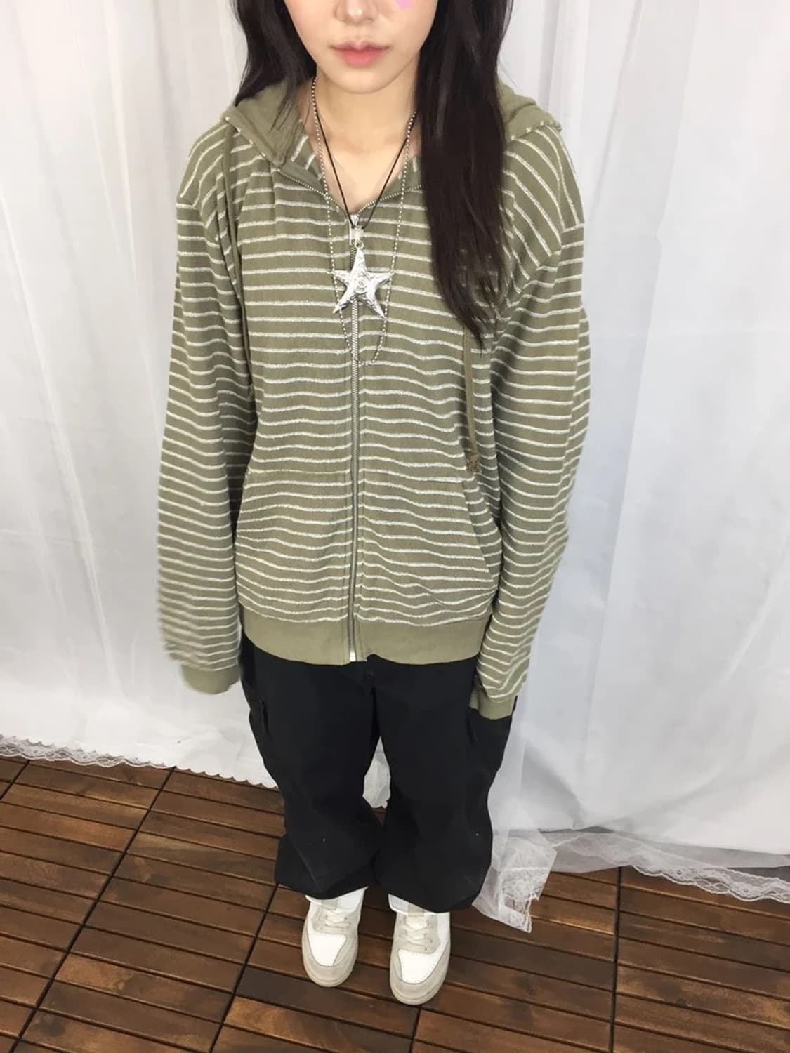ZARA Olive Stripe Hoodie 상품이미지2