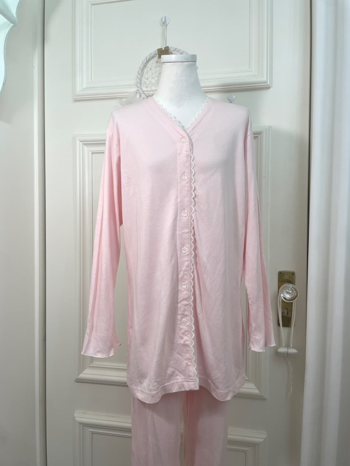 pink cotton lace point 3pcs pajama set 상품이미지7