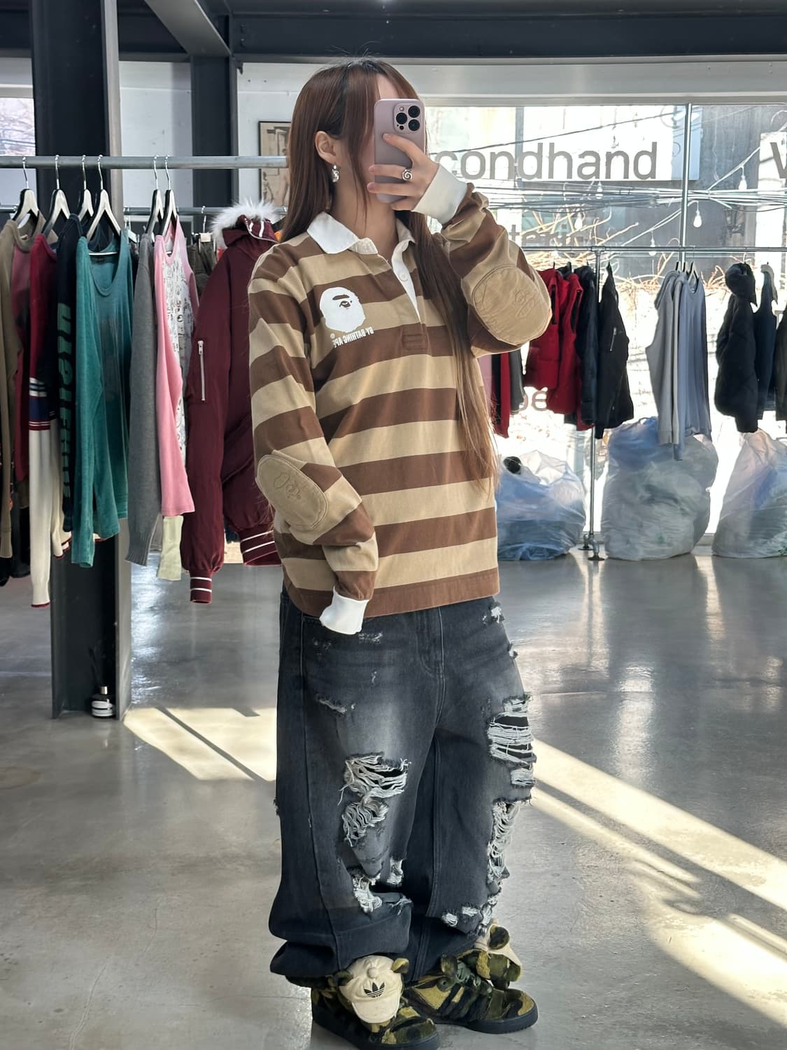 베이프 패치사루 스트라이프 럭비셔츠 롱슬리브 상품이미지2