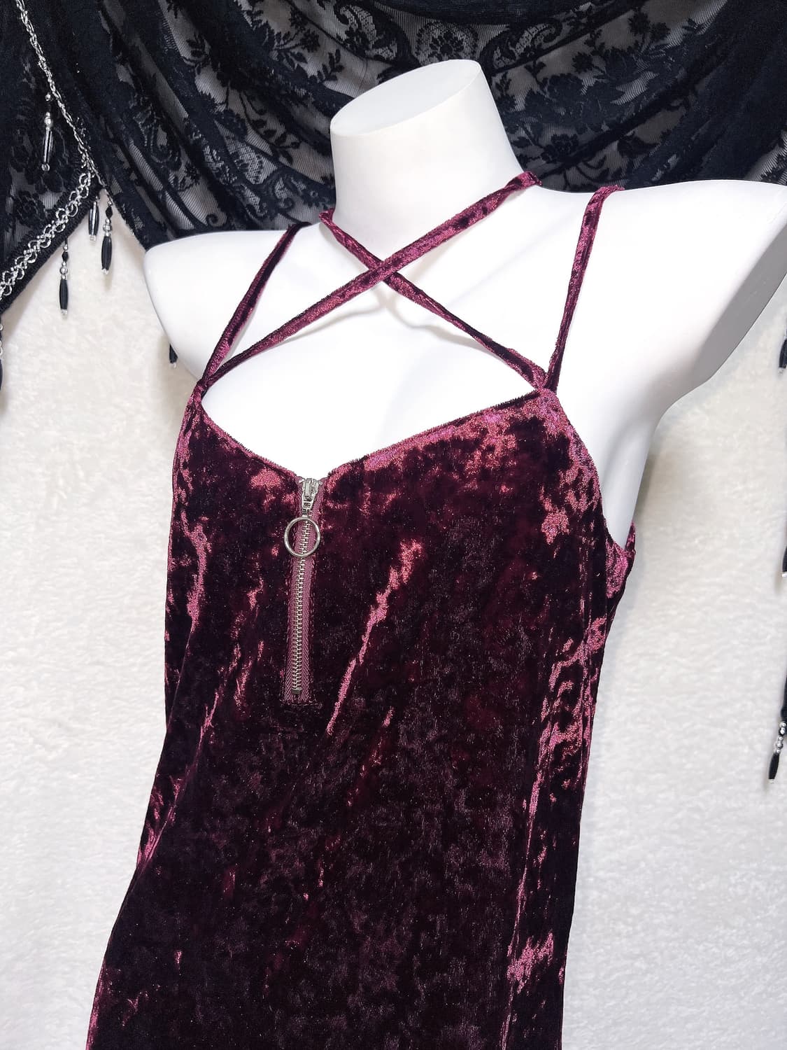 로맨틱고딕 고스펑크 벨벳 버건디 롱원피스 홀터넥 드레스 슬립 연말 섹시 상품이미지5