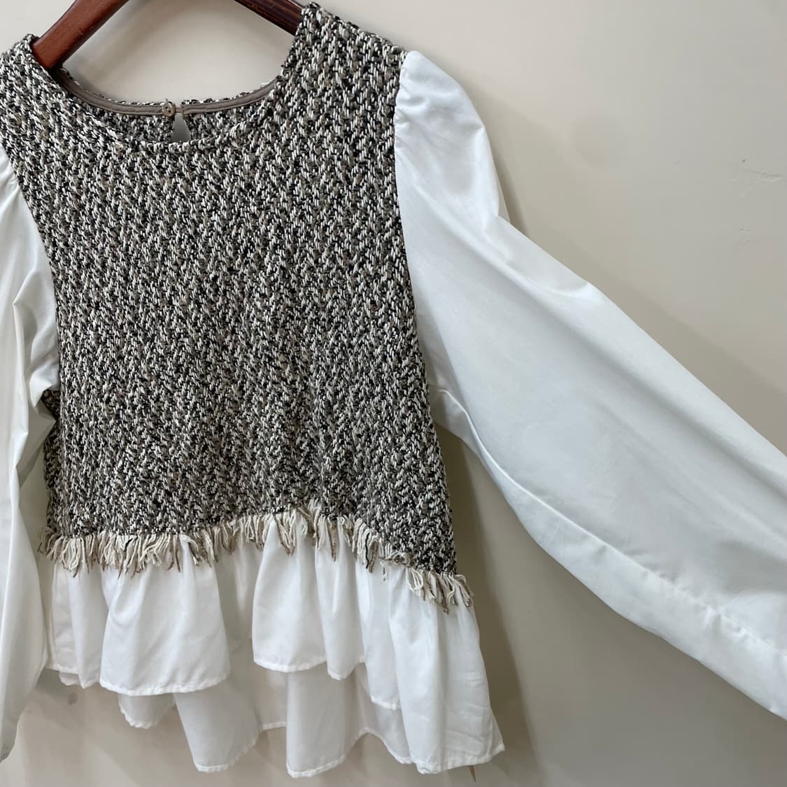 프레피 너드 트위드 니트 레이어드 프릴 블라우스 상품이미지4