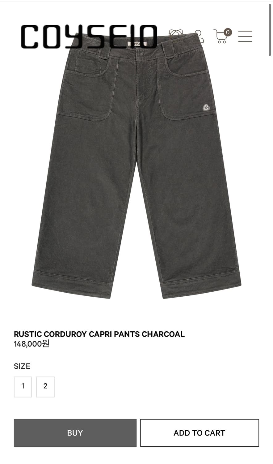 코이세이오 러스틱 코듀로이 카프리 팬츠 챠콜 1 사이즈 상품이미지1