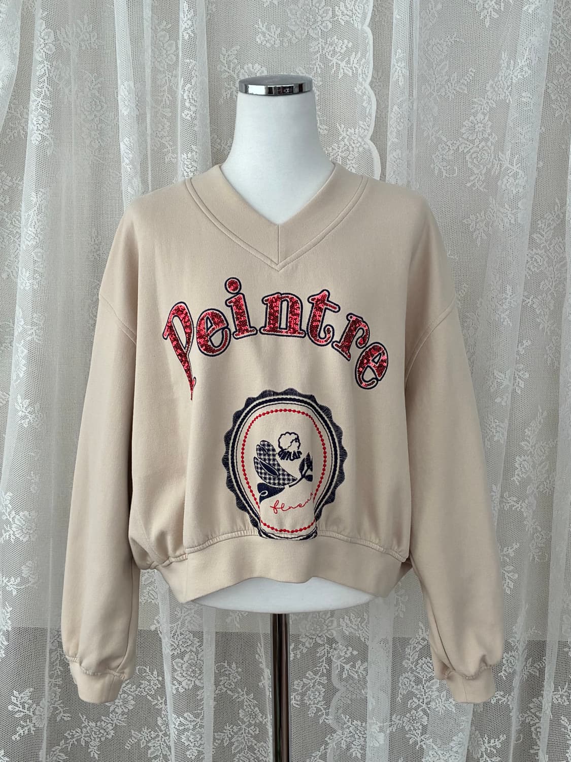 82-94-160) 한섬 오즈세컨 브이넥 크롭 맨투맨 베이지 상품이미지1