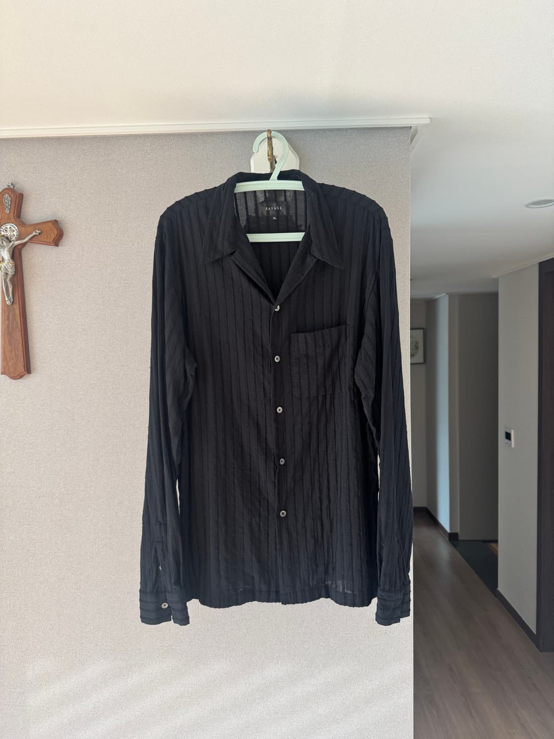 세비지 오픈카라 스트라이프 블랙셔츠 XL 판매 상품이미지3