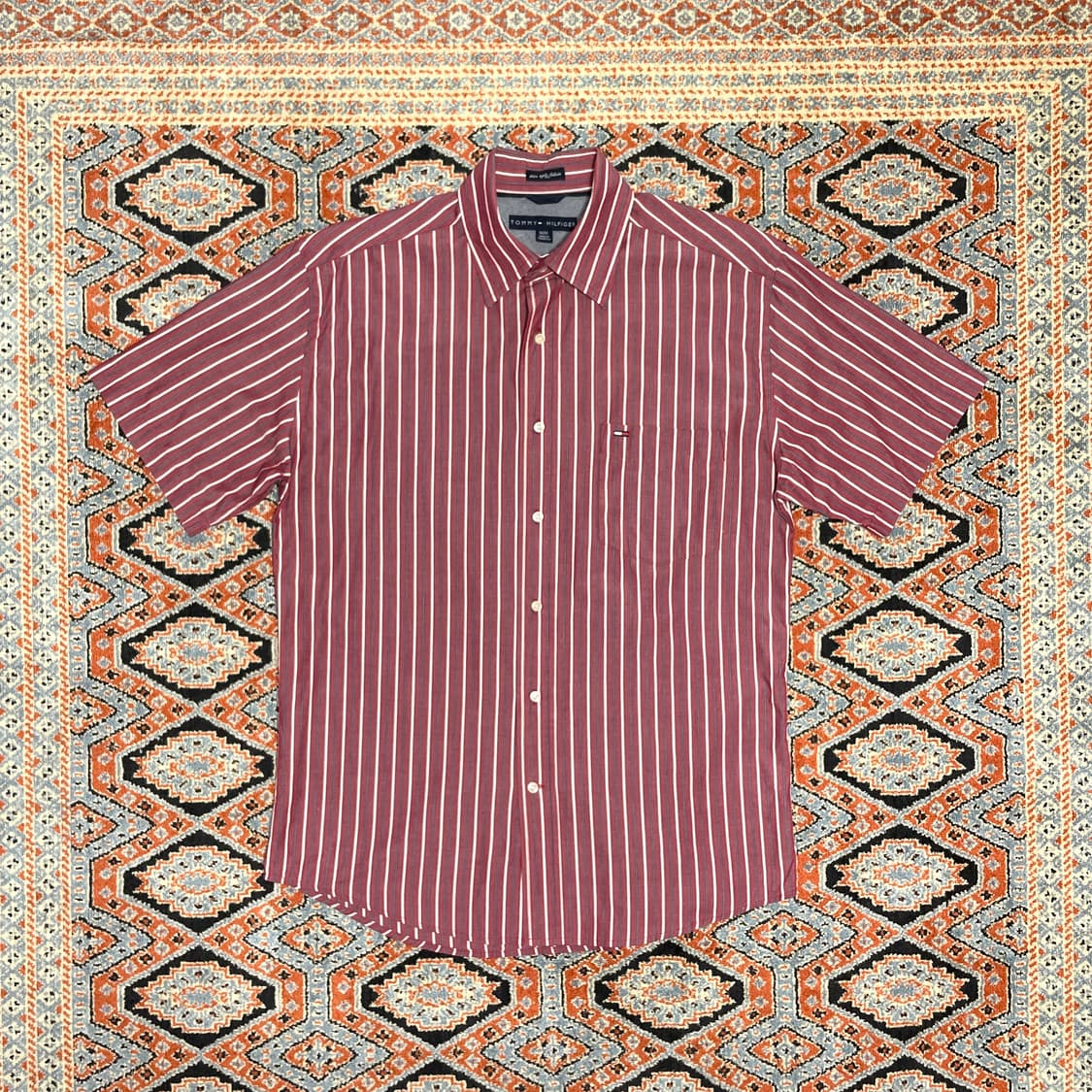 타미힐피거 레드 세로 스트라이프 반팔셔츠 남성M 상품이미지1