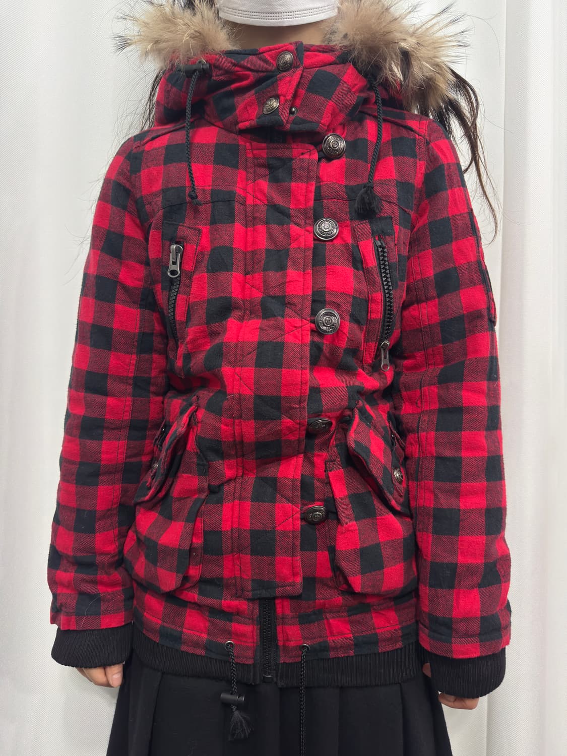 now here red check fur hood jacket 상품이미지3