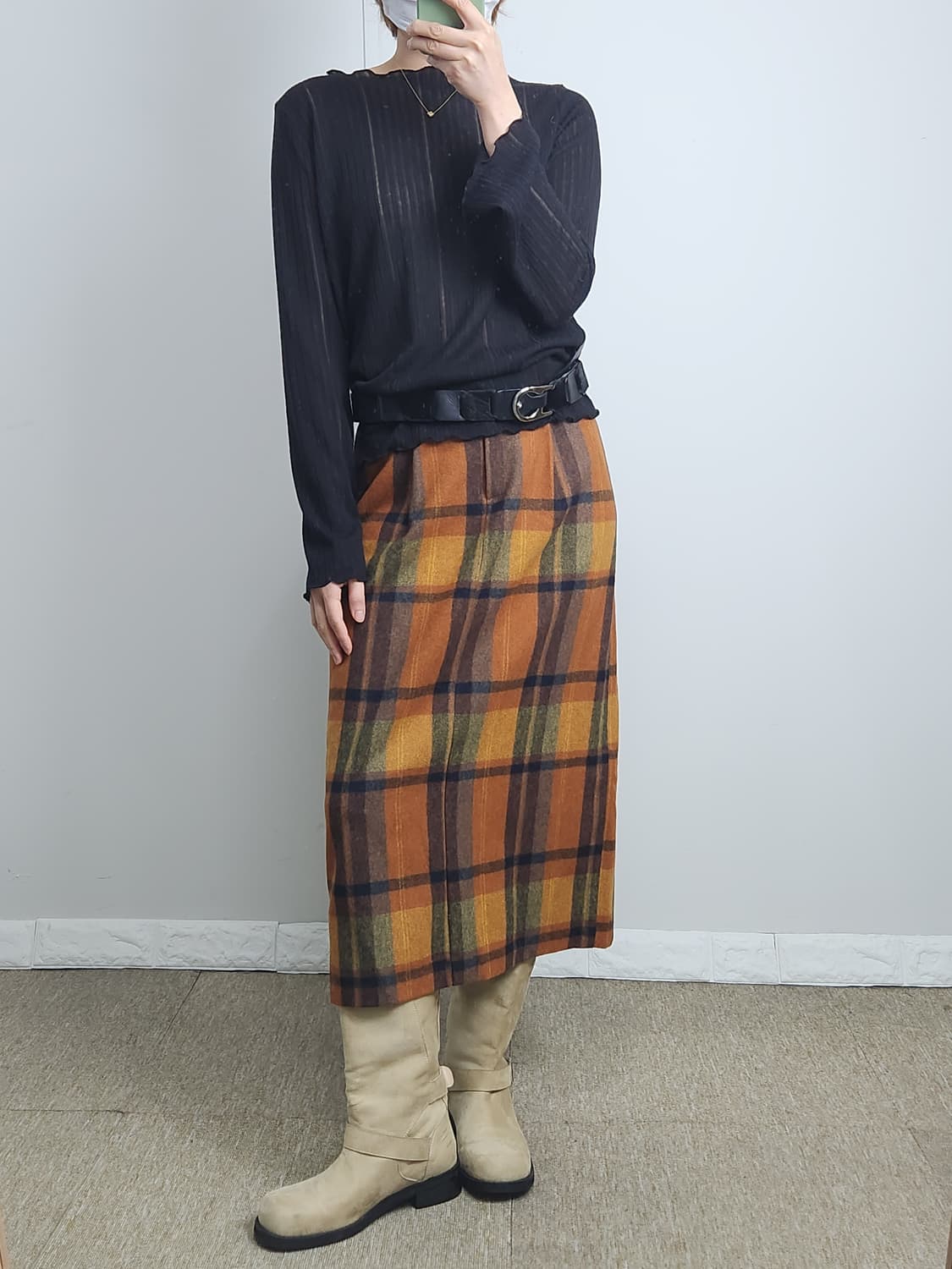 체크 핀턱 롱 스커트 상품이미지2