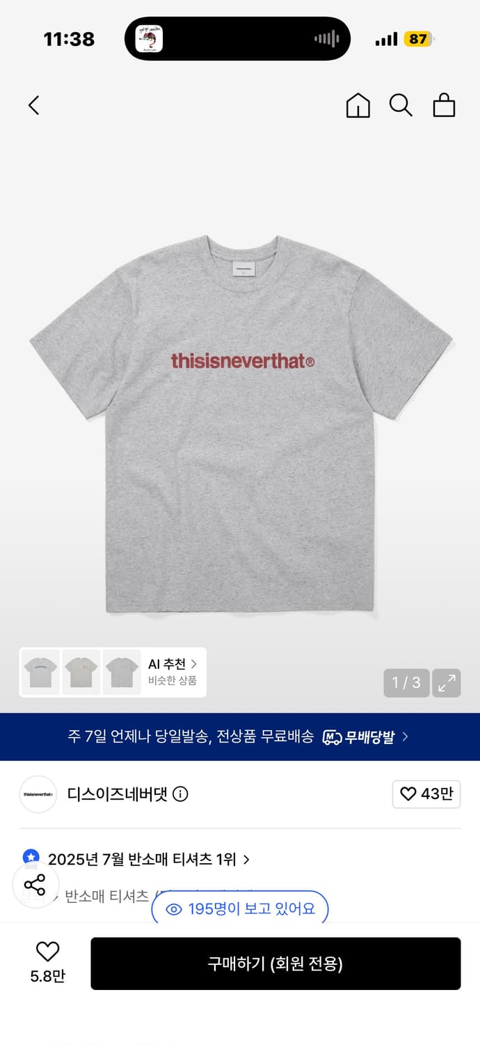디스이즈네버댓 반팔 T-Logo Tee Heather Grey M 상품이미지1